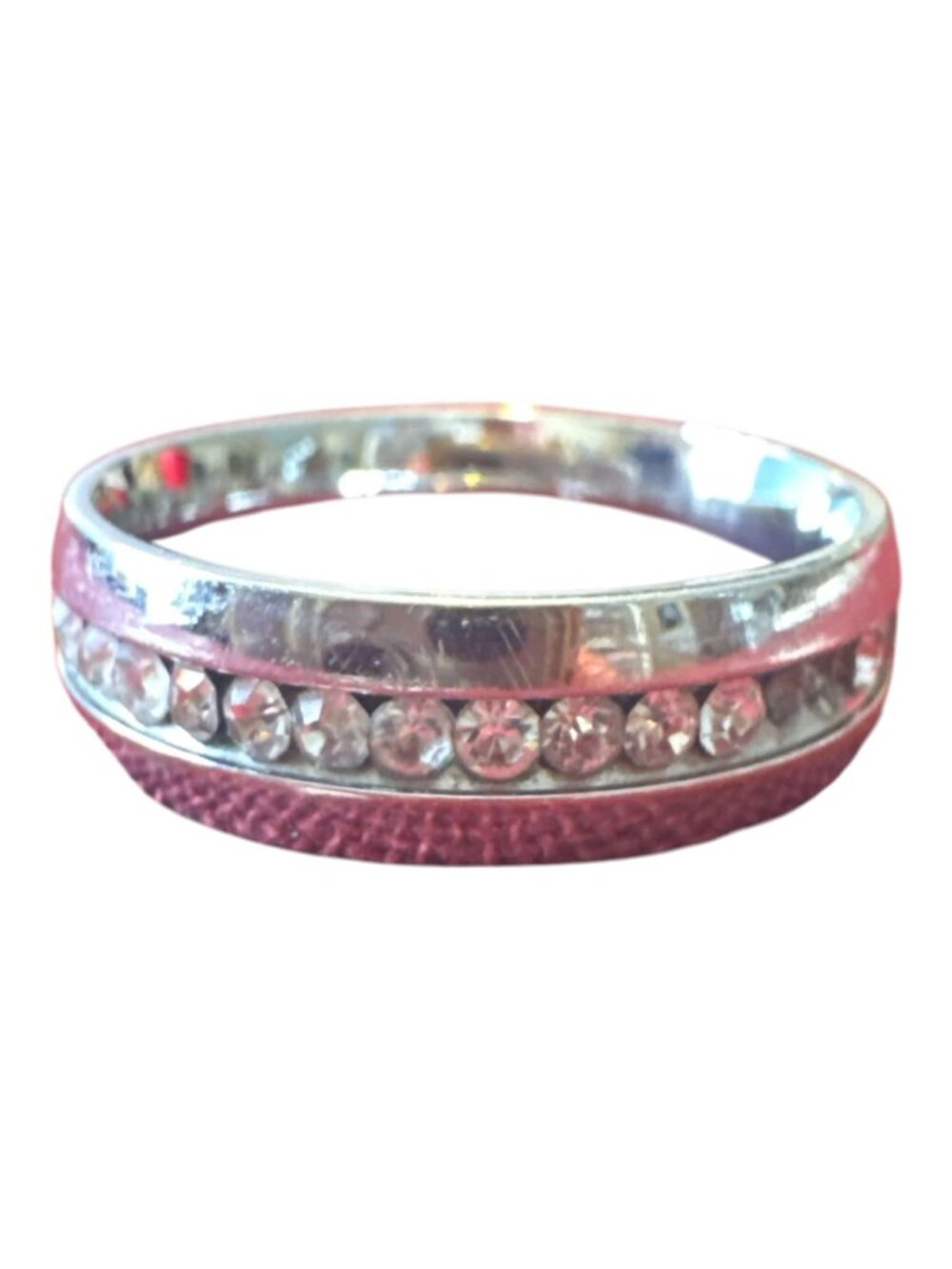 Silver-Tone Band Ring With Clear Rhinestones & Textured Red Accents